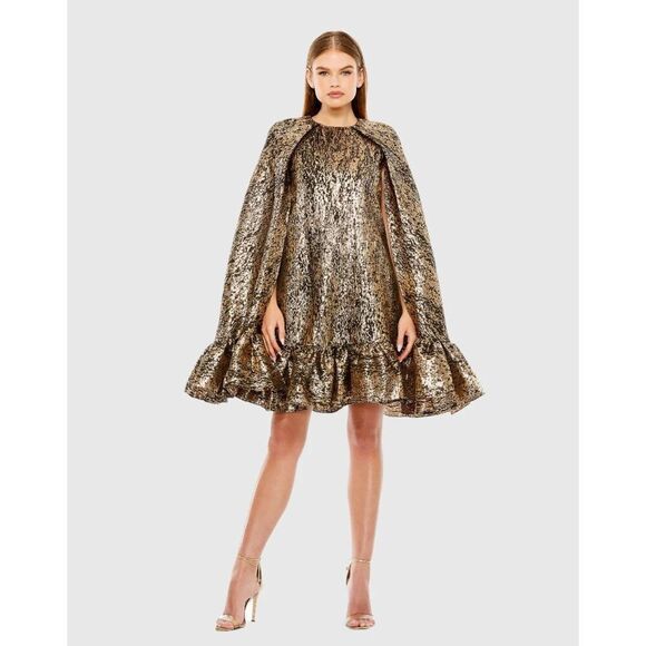 Mac Duggal NWT High Neck Cape Sleeve Metallic Trapeze Dress in Bronze Size S - Picture 1 of 9